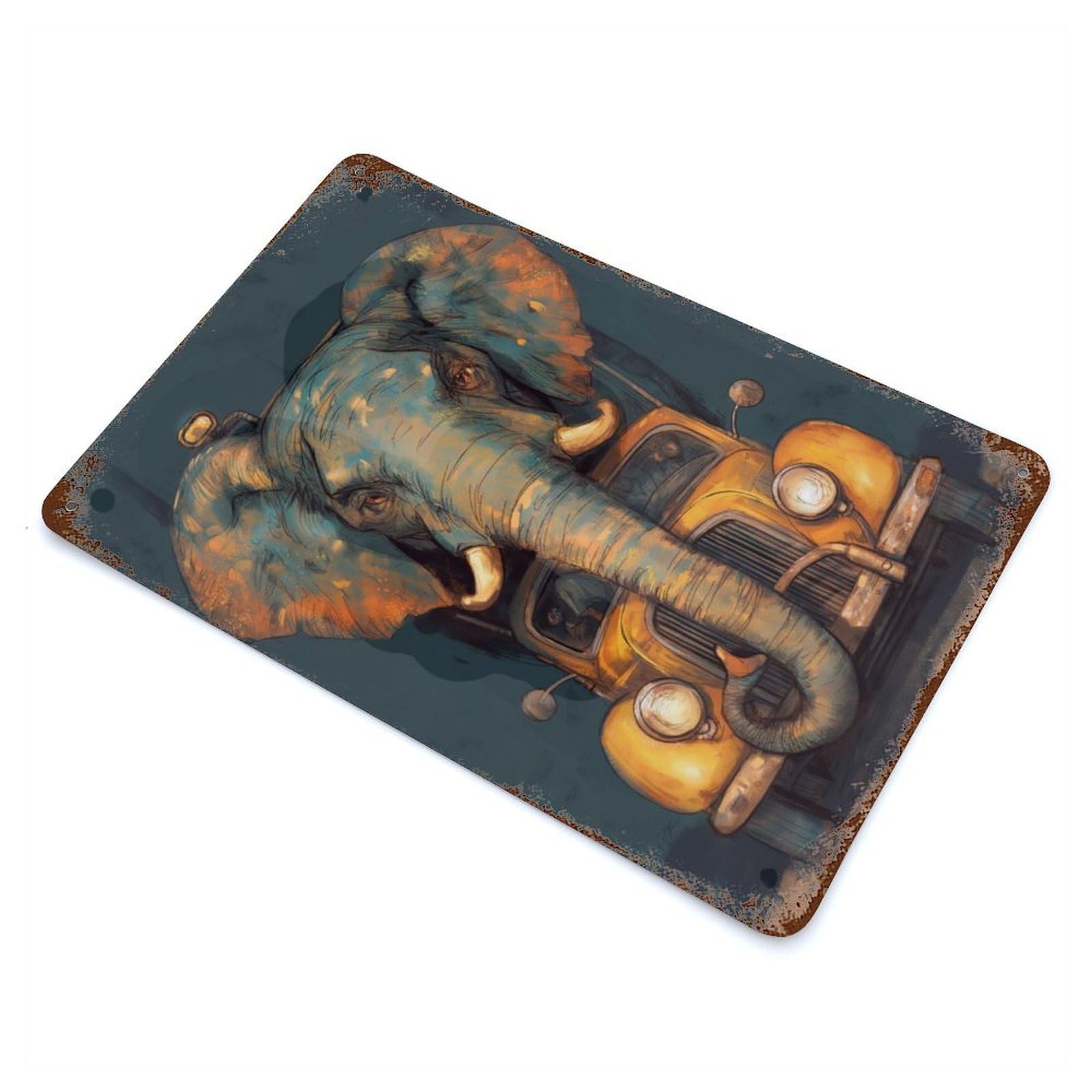 Weathered Tin Sign Elephant Retro Car Art 11.8"x7.9", Rustic Home Decor for Bistro, Counter And Cafe Decor