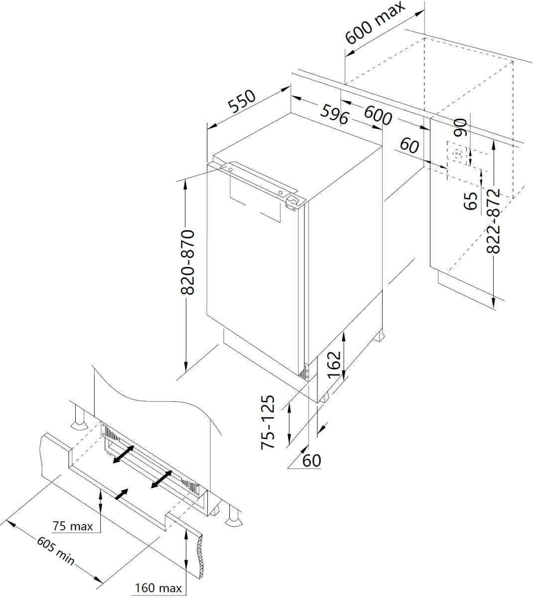 Amica Unterbau‑Kühlschrank mit Gefrierfach Festtür‑Technik 820 mm Nische elektronische Steuerung Inverter‑Motor Supergefrierfunktion 82,5 x 59,6 x 55,5 cm – Einbaukuehlschrank