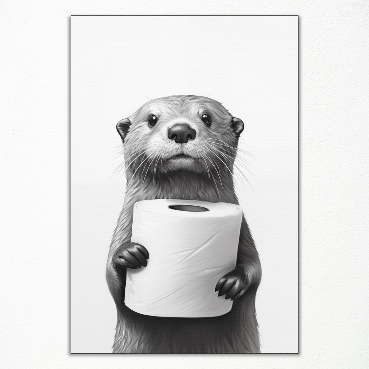 Prinajssiad Otter Black And White Bathroom Canvas Wall Art, Funny Bathroom Poster Animal Picture For Wall, Cute Holding A Roll Of Toilet Paper Picture, Adorable Restroom Guestroom Wall Decor 16X24in Unframed