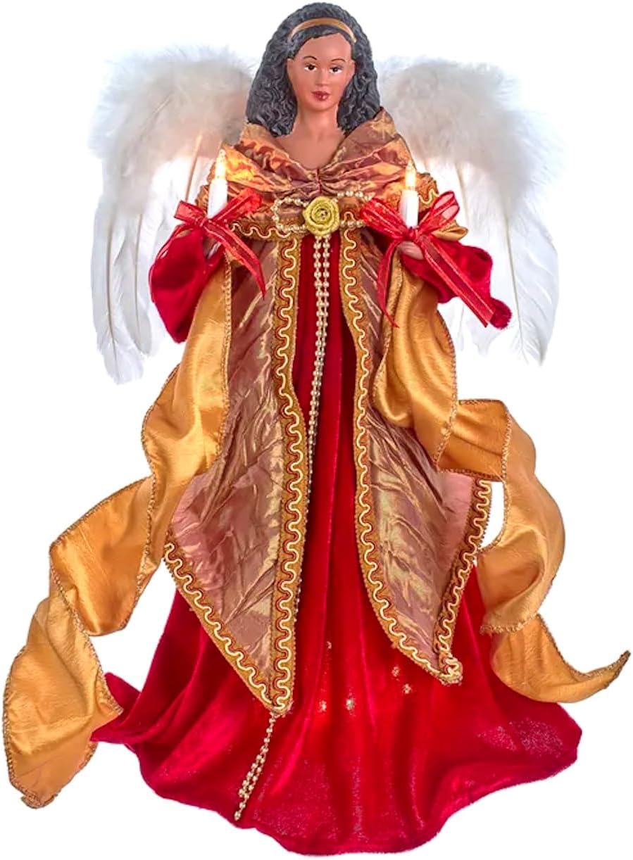 The Bridge Collection 16" Red and Gold African American Angel Tree Topper - Angel Tree Topper - Light Up Angel Topper - Christmas Tree Angel
