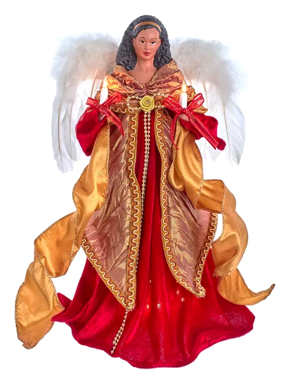 Ángel afroamericano de 16 pulgadas rojo y dorado para decoración de árbol navideño