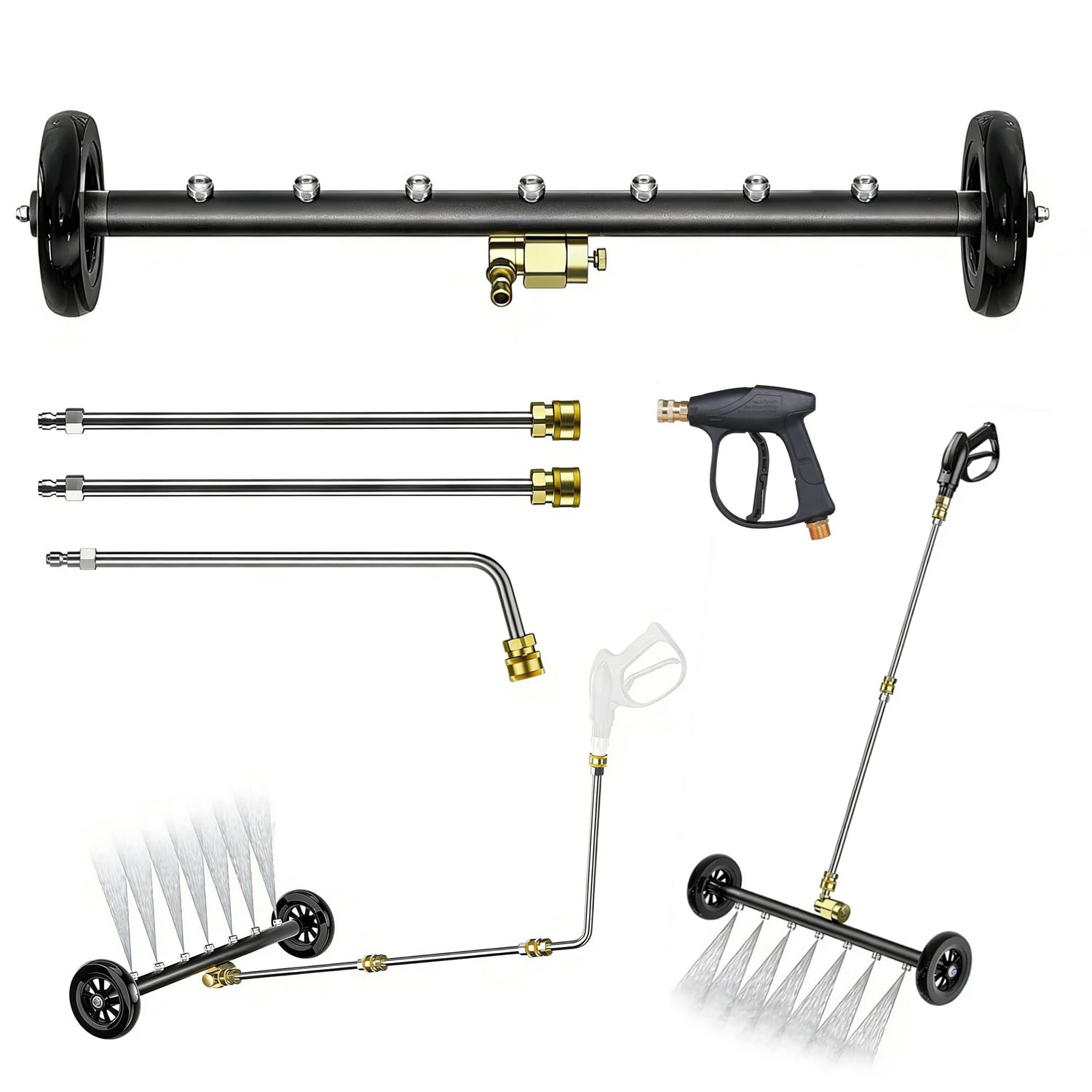 Unterbodenwäsche Auto,Hochdruckreiniger-Chassisreiniger,1/4" Schnellkupplungsverlängerung einsetzen,Gesamtlänge 60 cm,2-in-1 Fahrzeugunterbodenwascher,Mit 3 Verlängerungsstangen