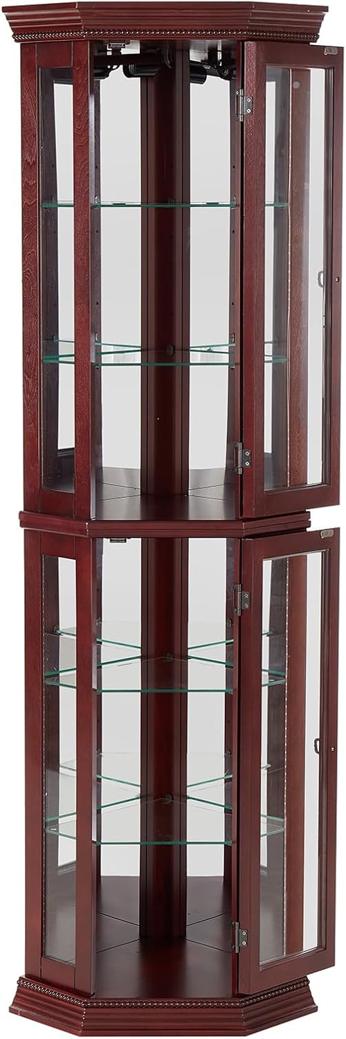 Corner Curio Cabinet with Lights, Adjustable Tempered Glass Shelves, Mirrored Back, Display Cabinet,Cherry (E27 Light Bulb not Included)