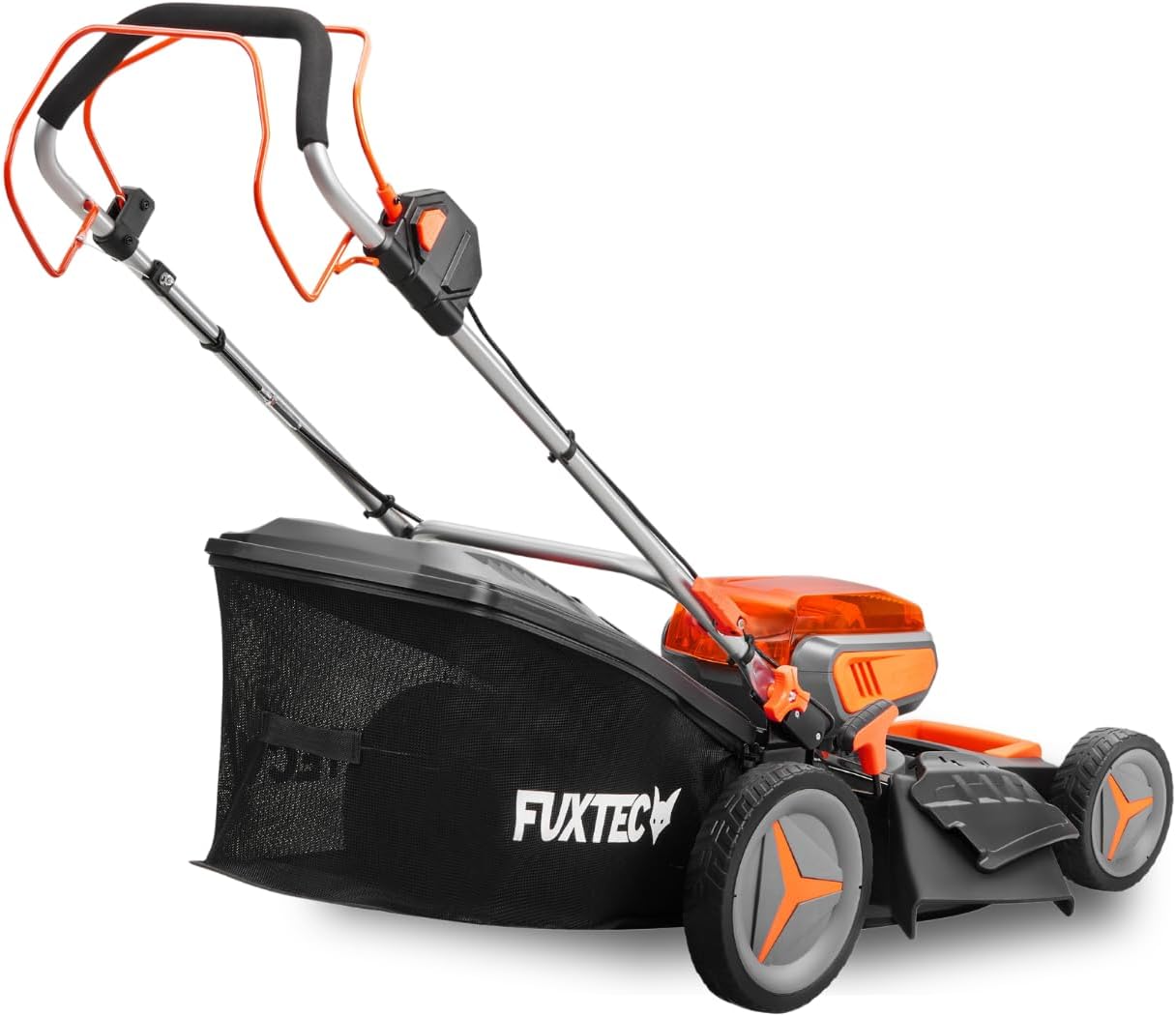 Side view of the FUXTEC E2RM46 cordless lawn mower with the grass catcher attached.