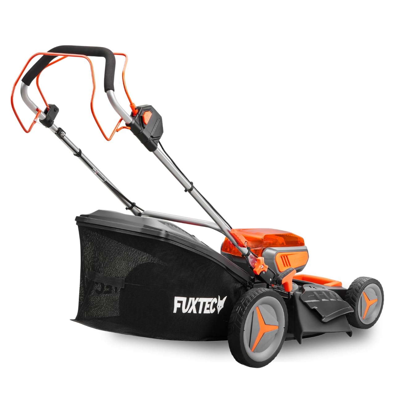 FUXTEC Tondeuse à Gazon sans Fil 40V FX-E2RM46 • Autotractée avec 2 Batteries 4Ah et Double Chargeur • Coupe 46 cm • Mulching et Éjection Latérale • Bac 50L • Hauteur de Coupe 25–75 mm