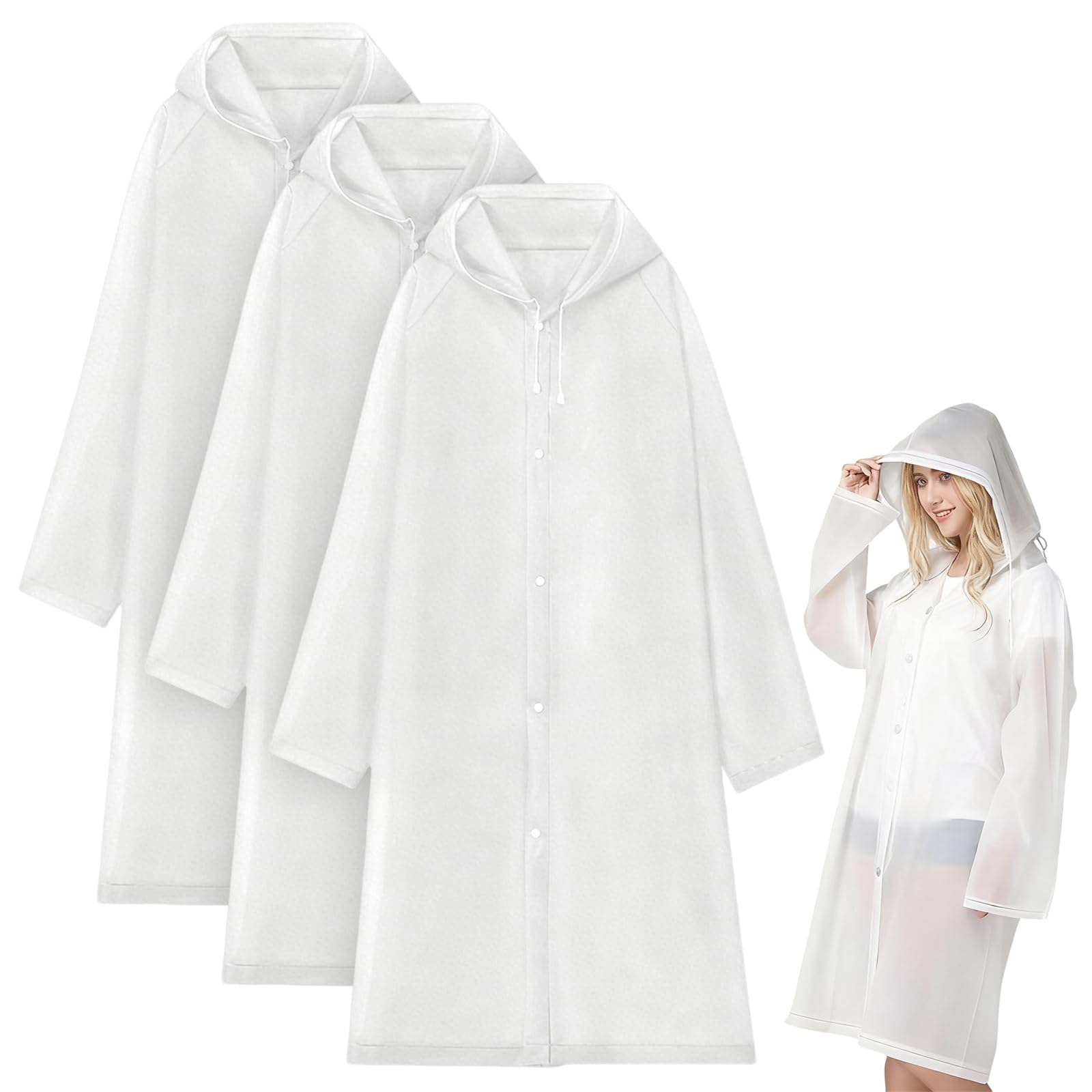 Nocecfi Reusable Rain Jacket Rainwear, 3 Pcs Rain Poncho Raincoats for Adults, Waterproof Plastic Rain Poncho with Drawstring Hoods and Sleeves for Emergency Outdoors Camping