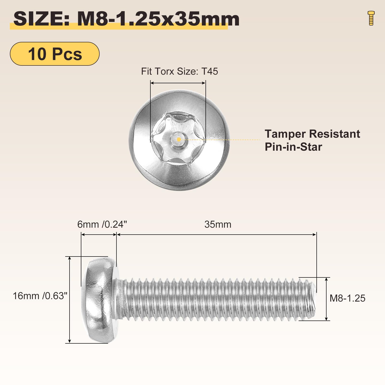 METALLIXITY Pan Head Torx Security Screws Bolts (M8-1.25x35mm) 10Pcs, Button Torx Head Machine Screws 304 Stainless steel - Image 2