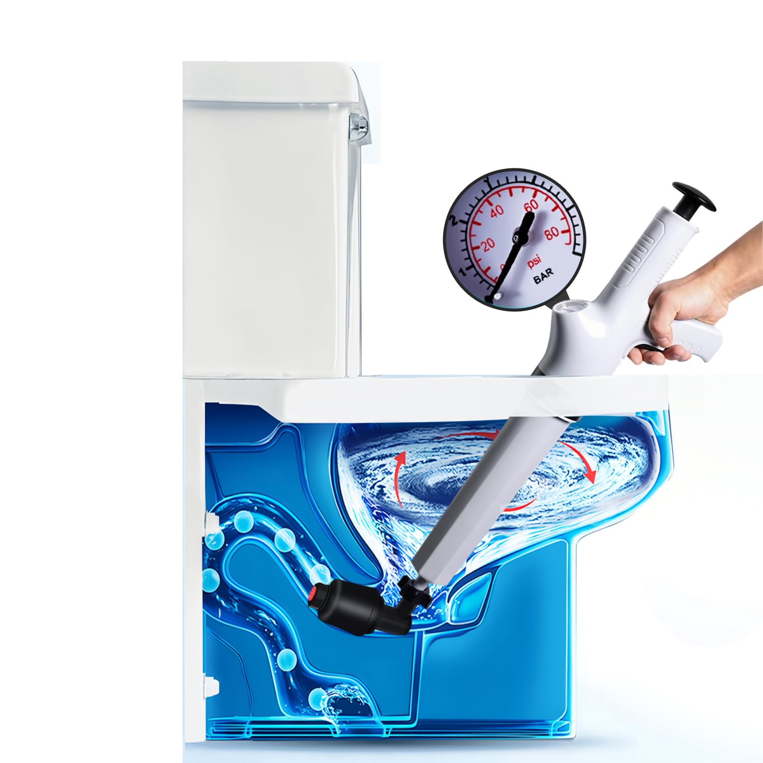 Pompa Stura Scarichi a Pressione con Barometro, Stantuffo per WC ad Aria Compressa, Pistone per WC con 4 Teste di Pistone, per Sbloccare WC, Lavandino, Bianco, Scarico a Pavimento