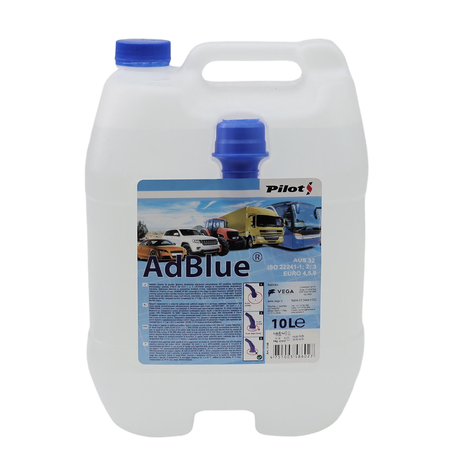 10 Lt Adblue Additivo Gas Di Scarico Motori Diesel Tanica Con Tubo Di Riempimento
