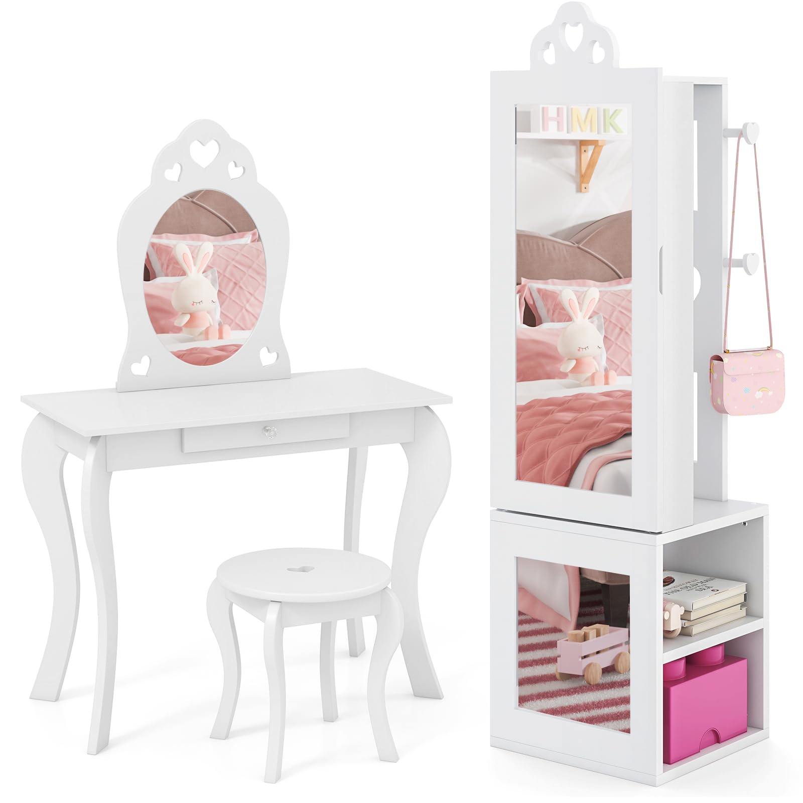 Costzon Kids Vanity & Jewelry Armoire Cabinet, Wooden Kids Vanity Table and Chair Set, Standing Jewelry Organizer with Full-Length Mirror, Large Storage, Kids Bedroom Furniture Set for Girls (White)
