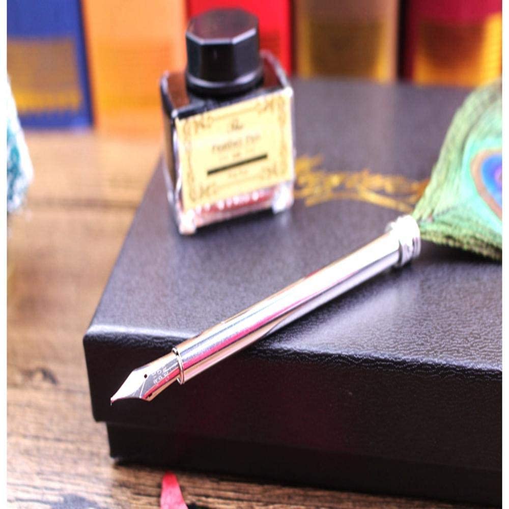 URBAN BOX Peacock Feather Pen Set Antique Calligraphy Writing Quill Ink Dip Pen with Ink Bottle 0.5 MM Fine Stainless Steel Nib- Perfect for Calligraphy Art, Lettering, and More 2