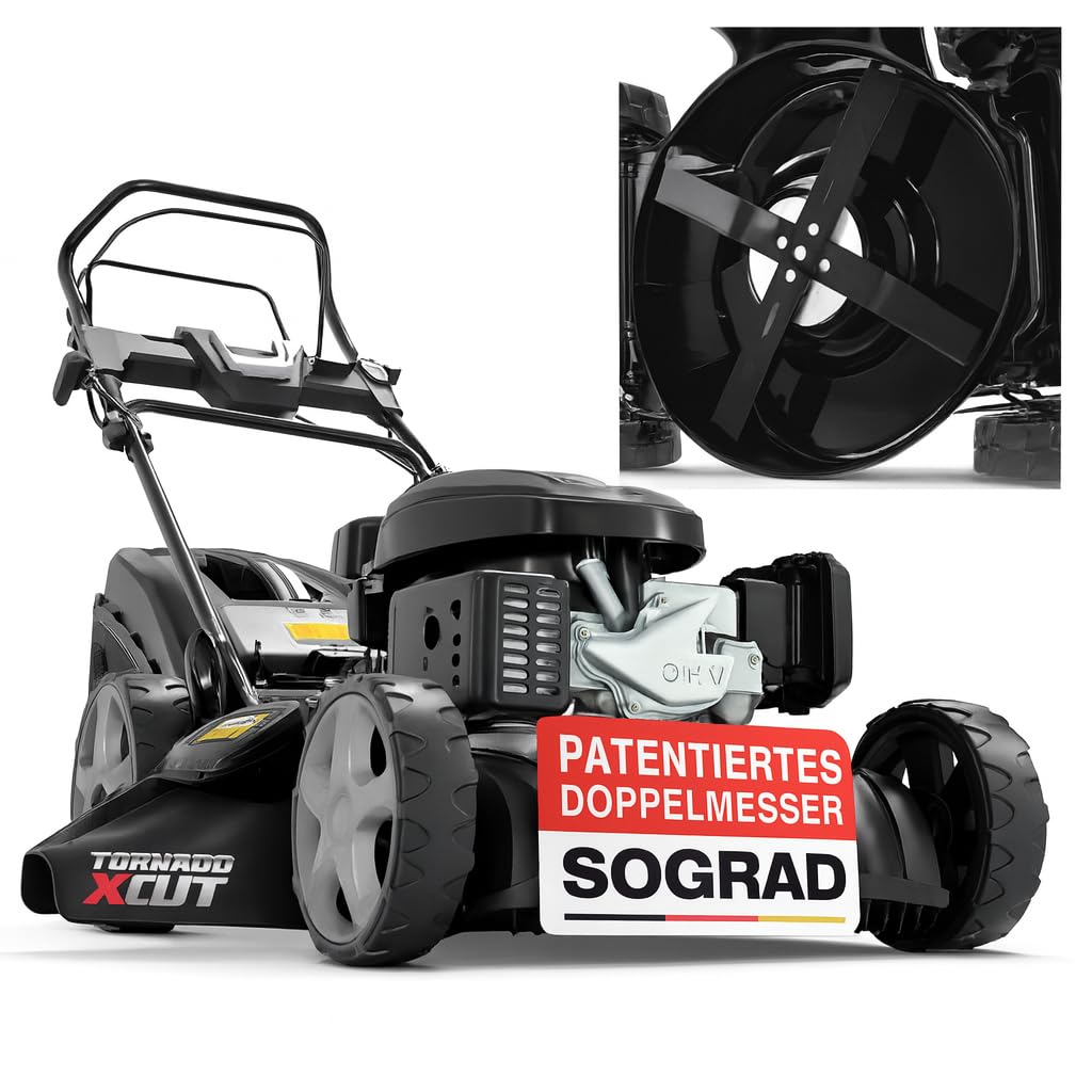 ONBEST 5IN1 Benzin Rasenmäher 6,5 PS – 51 cm mit Radantrieb | 196 cm³ 4-Takt Motor mit 4-Klingen-Schneidsystem, 60 L Fangkorb, Seitenauswurf und großer Schnittbreite