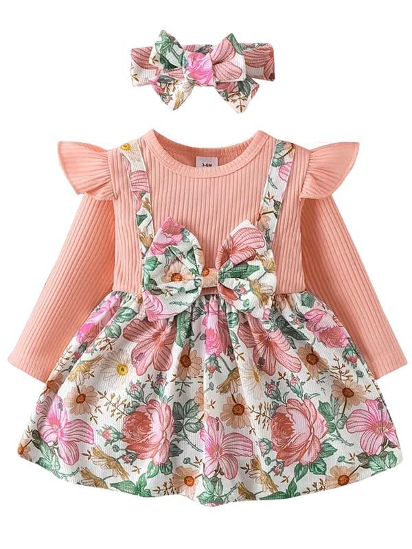 Image of Niren Enterprise Girl's Indian Pitta Floral Printed Full Sleeve Dungaree Style Knee-Length Baby Frock