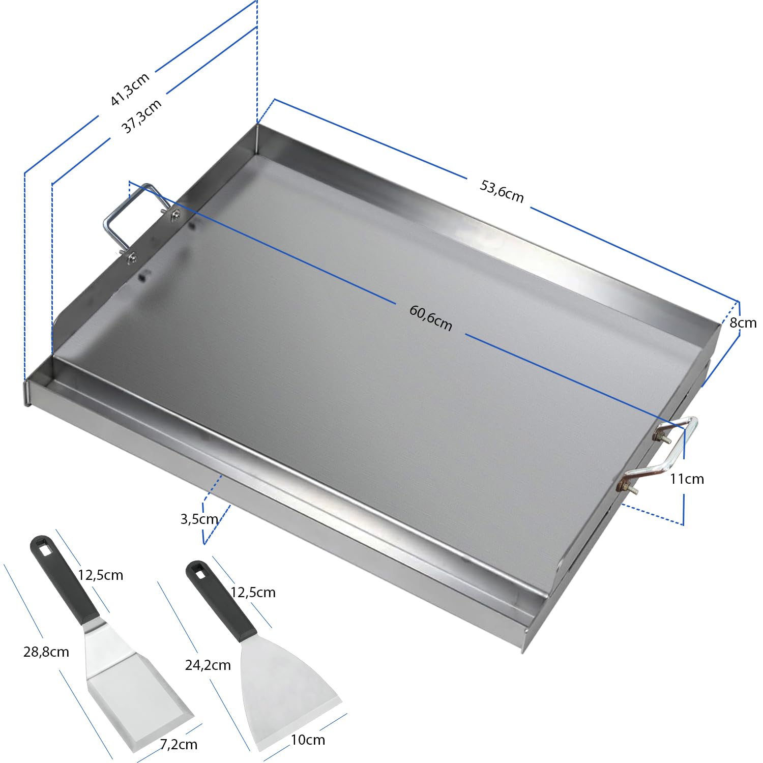 Plaque de cuisson en acier inoxydable - 54 x 41 x 8 cm - Plancha universelle pour barbecue à gaz Weber et barbecue au charbon de bois - Plaque de cuisson avec spatule et grattoir