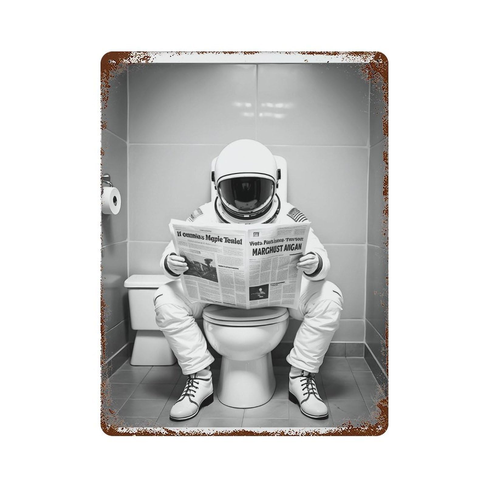 xiaoxiaoshen Astronaut Reading Newspaper on Toilet Poster Wall Decor Art Metal Tin Poster Modern Home Decor Art Home Bar Shop Decorations Vintage Sign 40x30cm