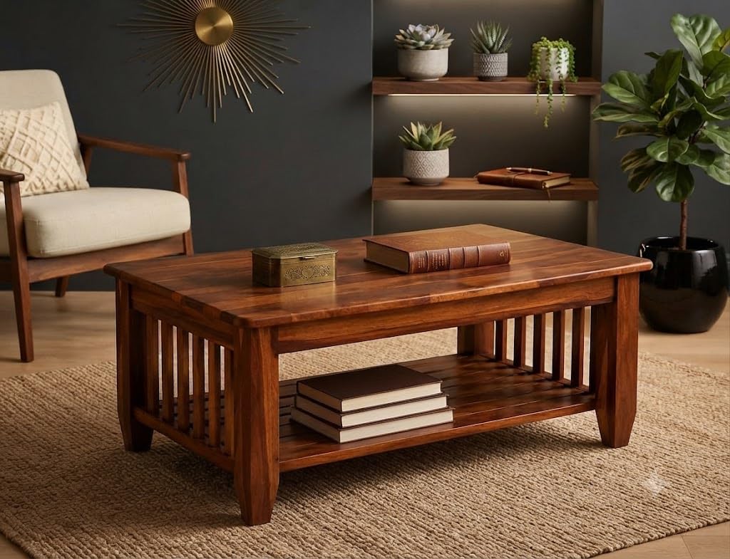Wooden Center Coffee Table with Storage | Solid Sheesham Wood Centre Table for Living Room, Drawing Room & Office | Honey Finish-picture-39
