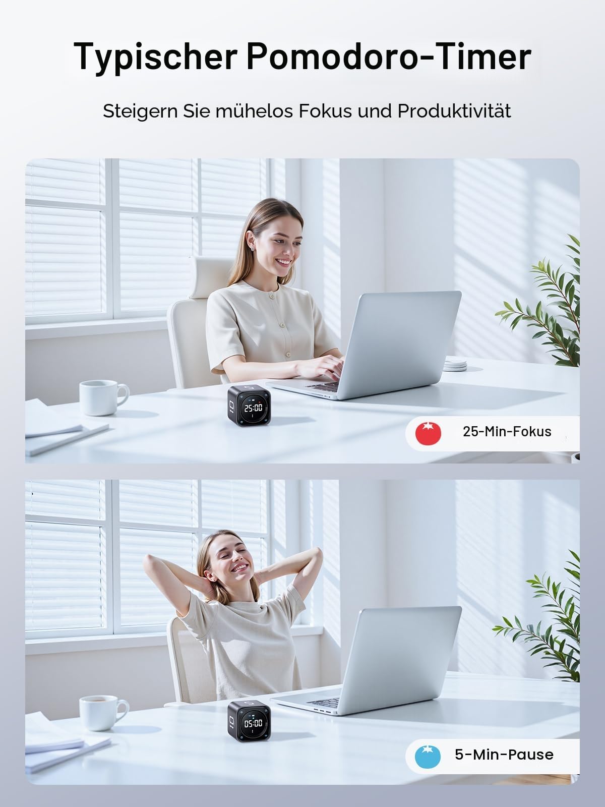 Ticktime TK3 Pomodoro Timer, Würfel-Timer mit 5/10/30/60 Min, 25/5 Pomodoro, Custom Countdown & Stoppuhr, Uhr, 3 Alarme, Lautlos/Vibration/Ton, für ADHS, Lernen, Küche, Arbeit, Schwarz
