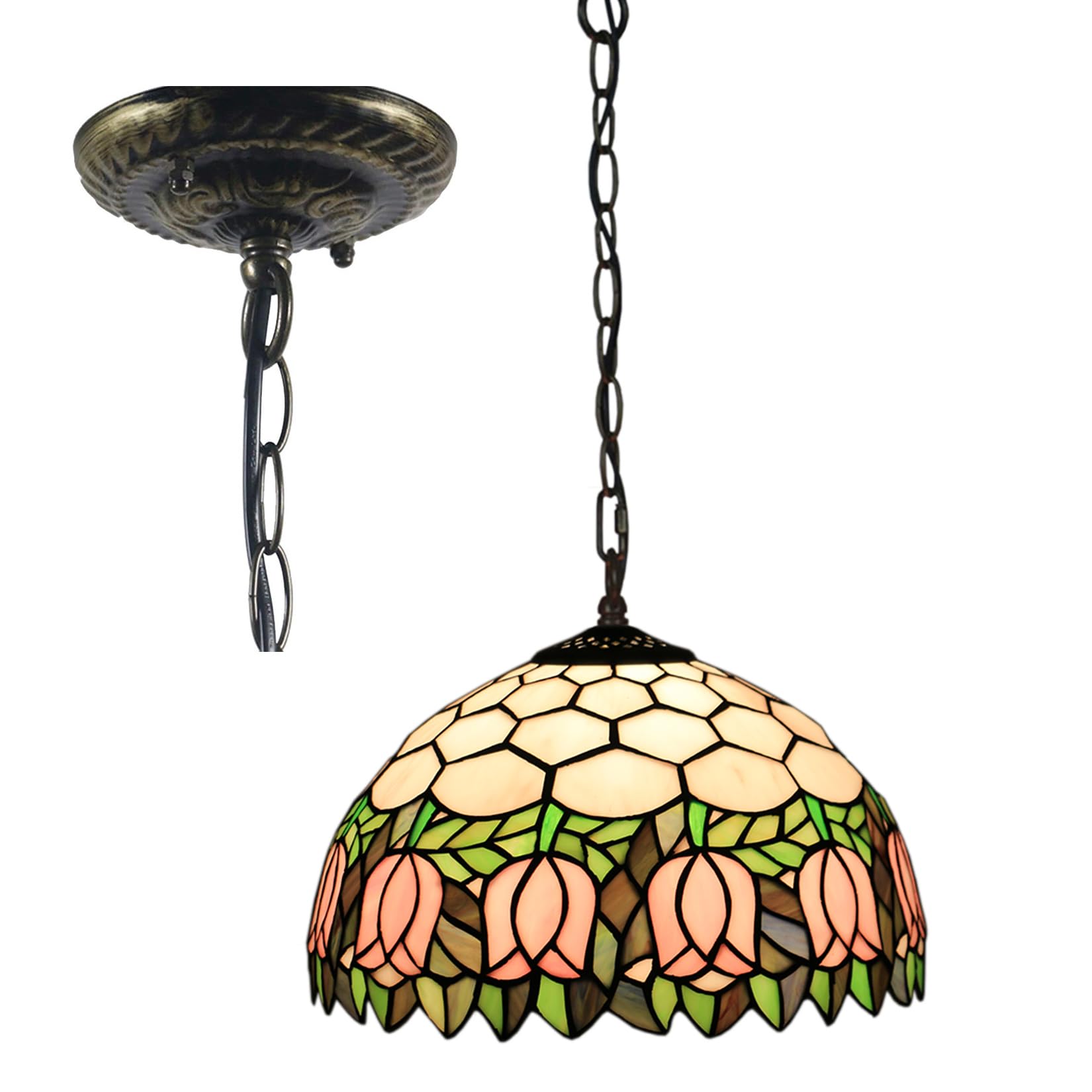 Wdcdyqdh Light/Pink/Green Tiffany Pendant Fixture Rose Tulip Stained Glass Lamp Shades Flowers Leaf Hanging Vintage Home Decor Chandelier Wide 12" Height 39" For Kitchen Island