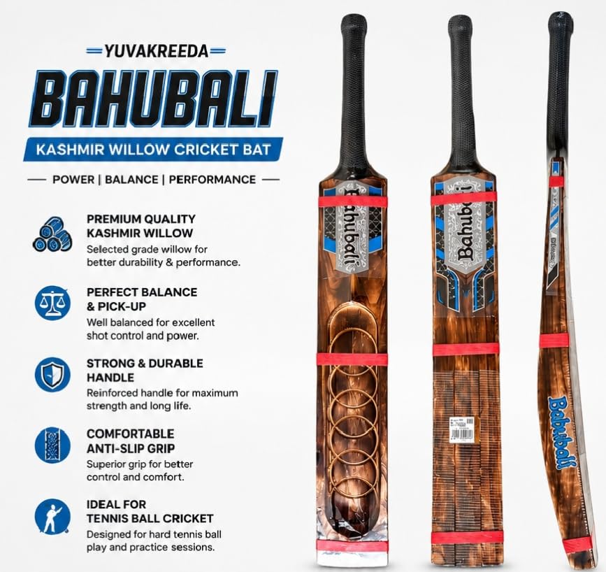 Image of Bahubali Fire Kashmir Willow Cricket Bat 35 Inch for Tennis Ball | Full Size Double Blade Bat | Lightweight Practice Bat