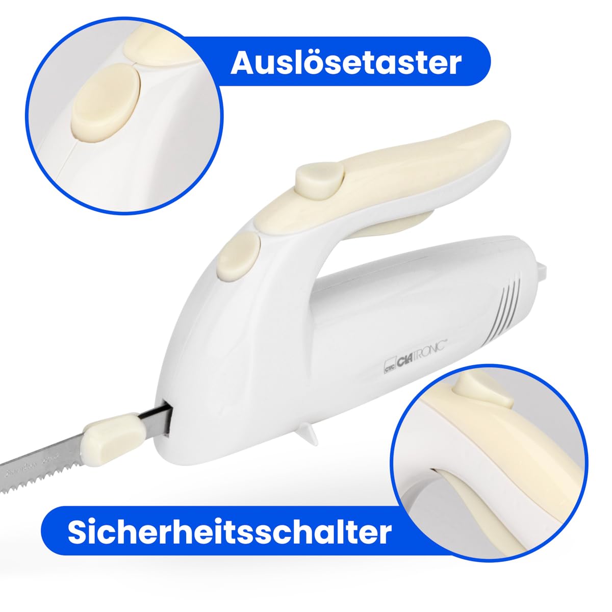 Clatronic Couteau électrique Couteau électrique | Lame en acier inoxydable | Inoxydable et lavable au lave-vaisselle | Moteur puissant de 150 W | Couteau de cuisine électrique | EM 3062