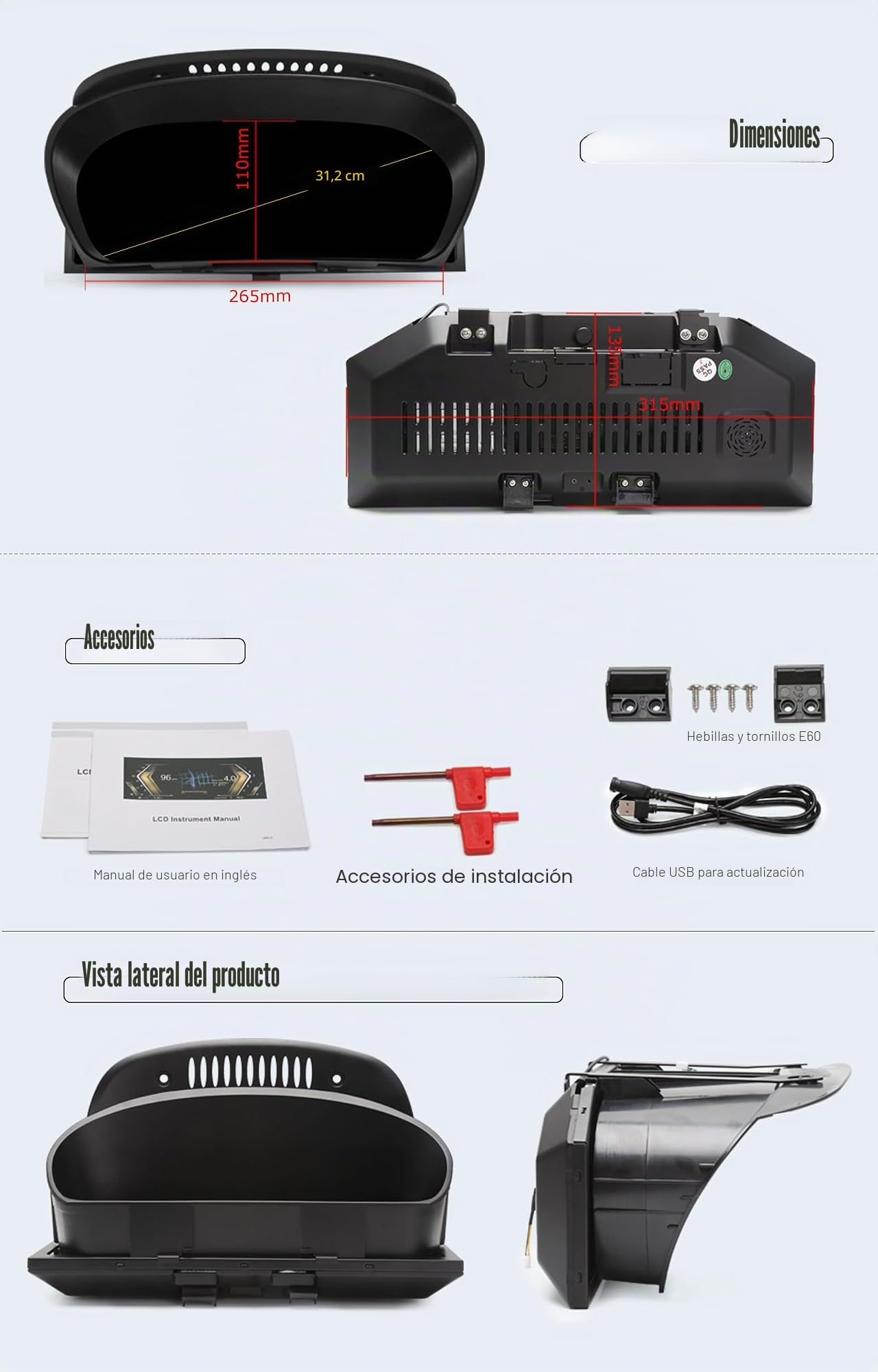 Velocímetro digital LCD de 12,3 pulgadas para BMW 5 Serie E60 E61 X5 E70 X6 E71 con sistema CiC y CCC Tacómetro salpicadero Cluster Instrumentos de repuesto 7-UI Control del volante Plug & Play HD