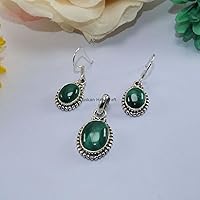 Vista 2 de Malachite Oval Gemstone Earrings Pendant Set, Solid 925 Sterling Silver Jewelry Set for Women, Handmade Dangle Drop Earring And Pendant Bridesmaid