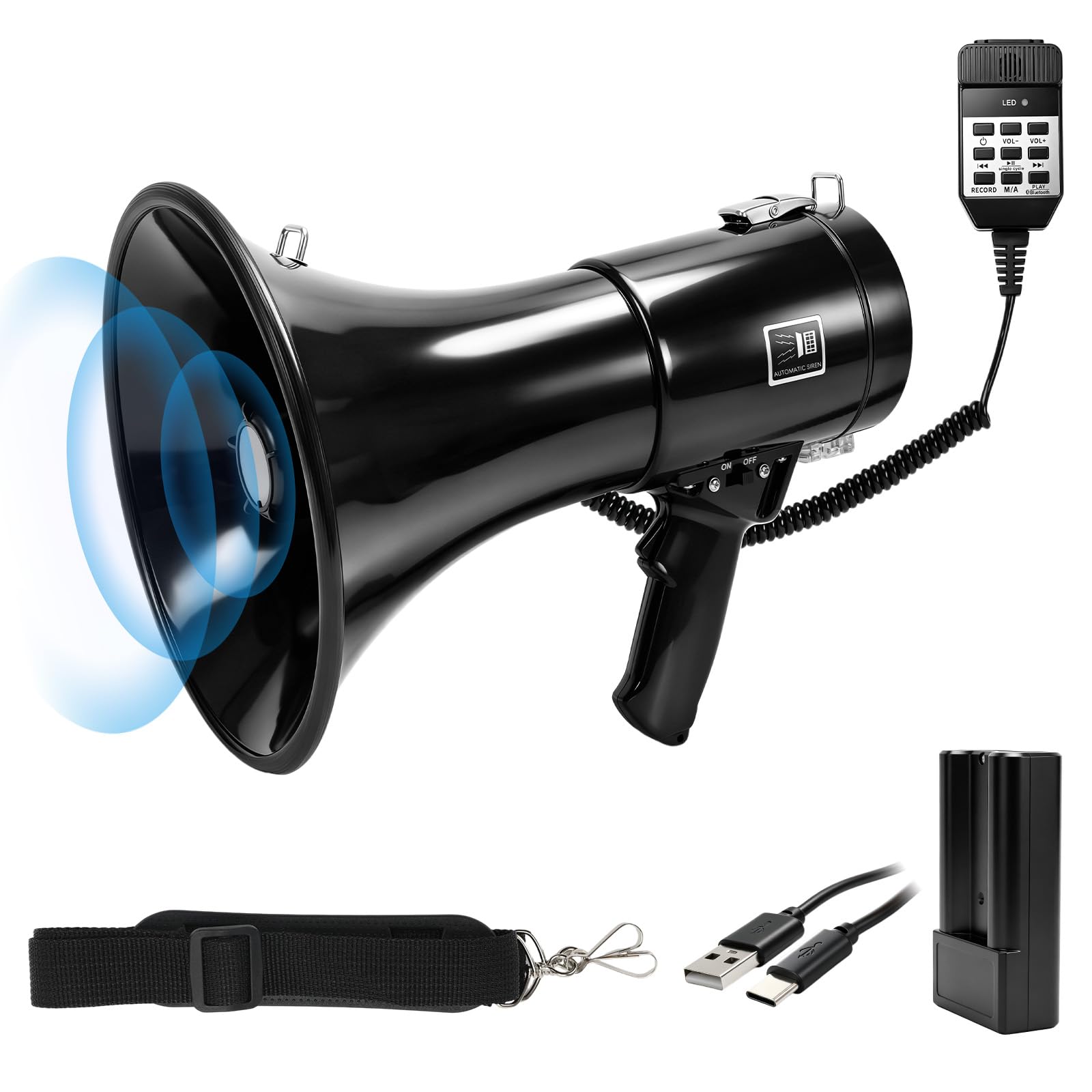 WingFly Megáfono 150W Bluetooth Grabación Alcance 2000m Altavoz Sirena Micrófono Externo USB