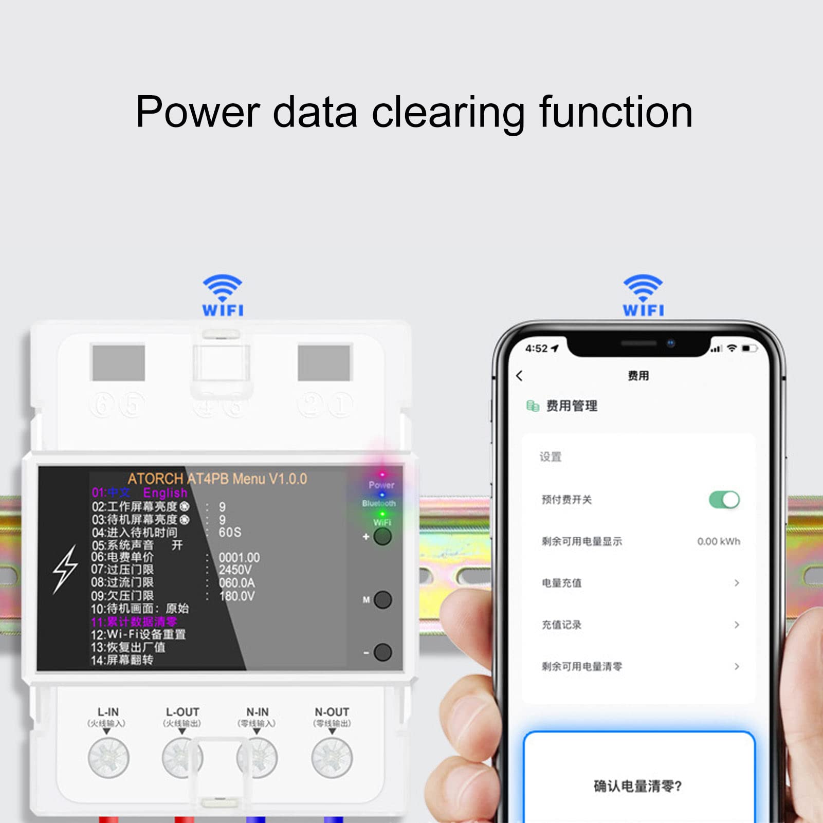 Luocute Medidor de Energía Eléctrica Inteligente, Medidor de Energía Ferroviaria DIN de 2.4in TFT, Monitor WiFi, Control Remoto, Medición de Energía, para el Hogar u Oficina, Ahorro de