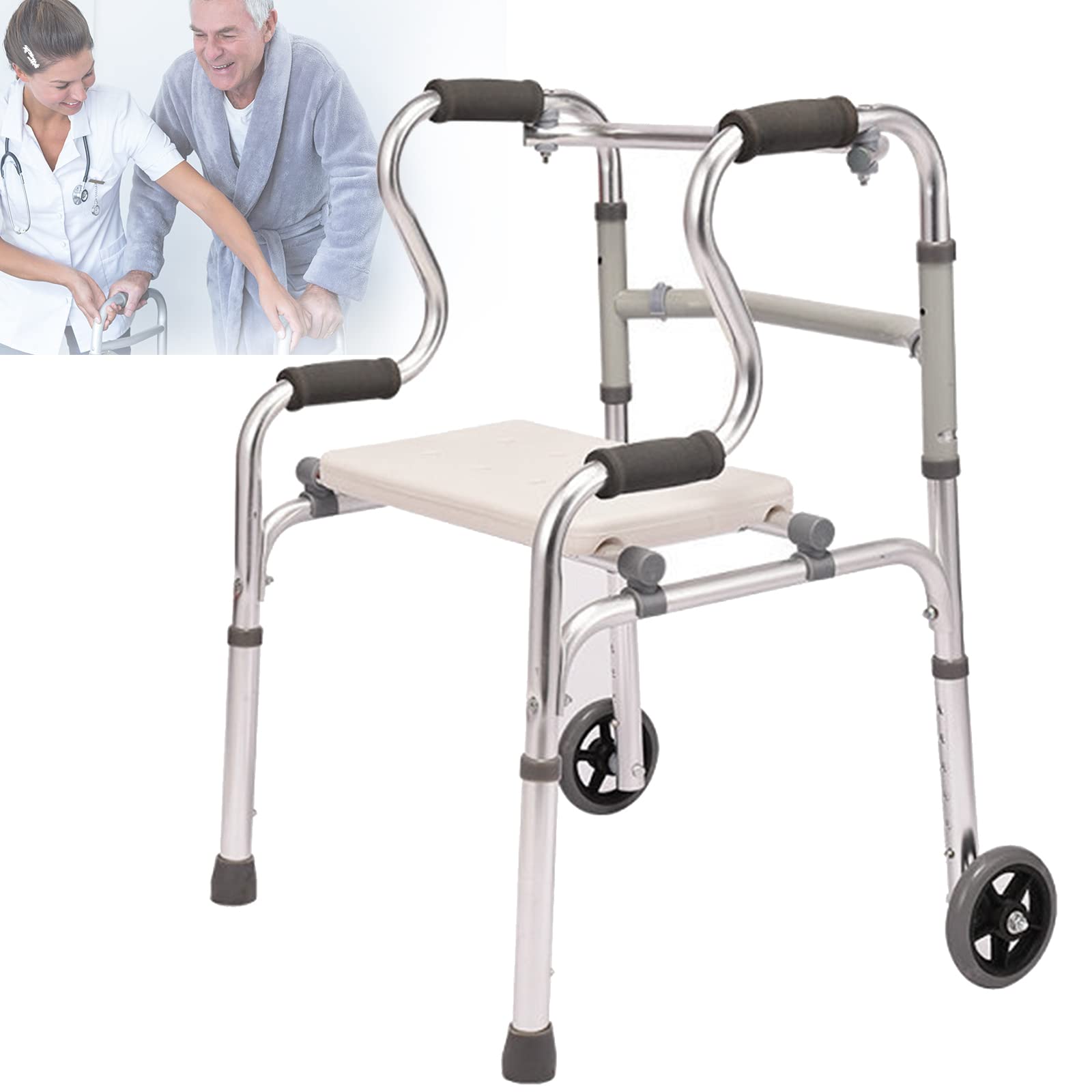 Cesta Plegable para Andador para Ancianos con 2 Ruedas y Asiento, Cesta para Andador para Ancianos Estándar Ligera, Cesta para Andador con Ruedas Ajustable en Altura, Ayuda para Mo