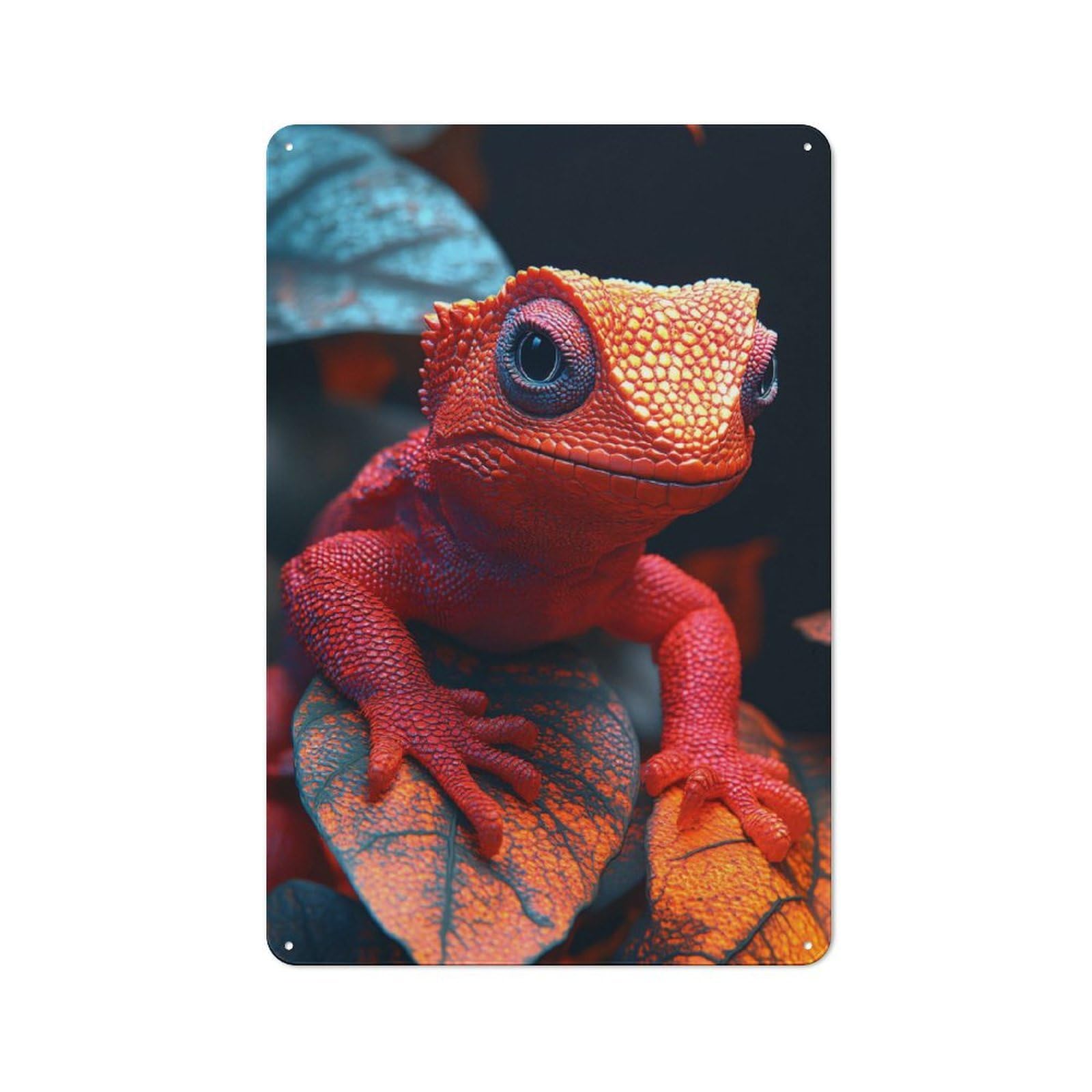 Junmoney Style-23 Red Lizard Portrait On Leaves Urban Metal Wall Decor 30X20cm, Metal Wall Art Sign For Loft, Studio, Office Or Creative Room
