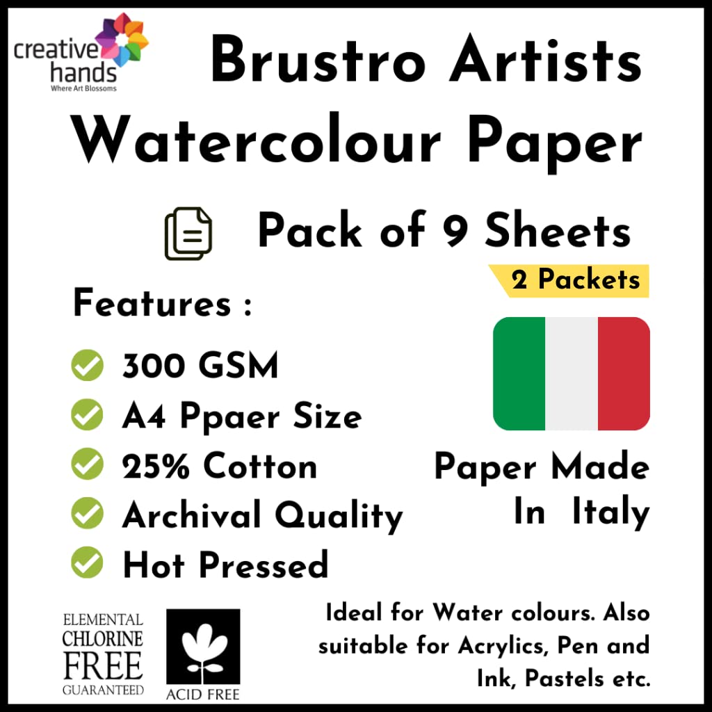 Brustro Aquarellpapier, 25 % Baumwolle, heißgepresst, 300 g/m², A4, 2 Packungen (jede Packung enthält 9 Blatt)