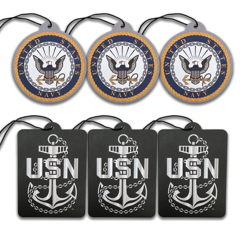 Image of Elektroplate US Navy Car Air Freshener Variety 6-Pack | Officially Licensed, Long-Lasting Arctic Patrol Scent, Vivid Naval Anchor & Crest Graphics, Versatile Hanging Design