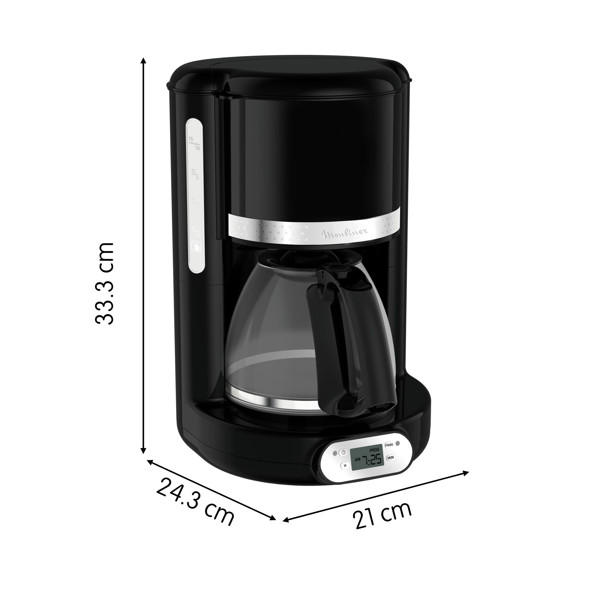 Moulinex Caffettiera filtro programmabile 24 ore, design nero vintage, capacità 1,25 l, 10-15 tazze, supporto filtro girevole, mantenimento caldo 30 min, Caraffa vetro, Sole FG380B10