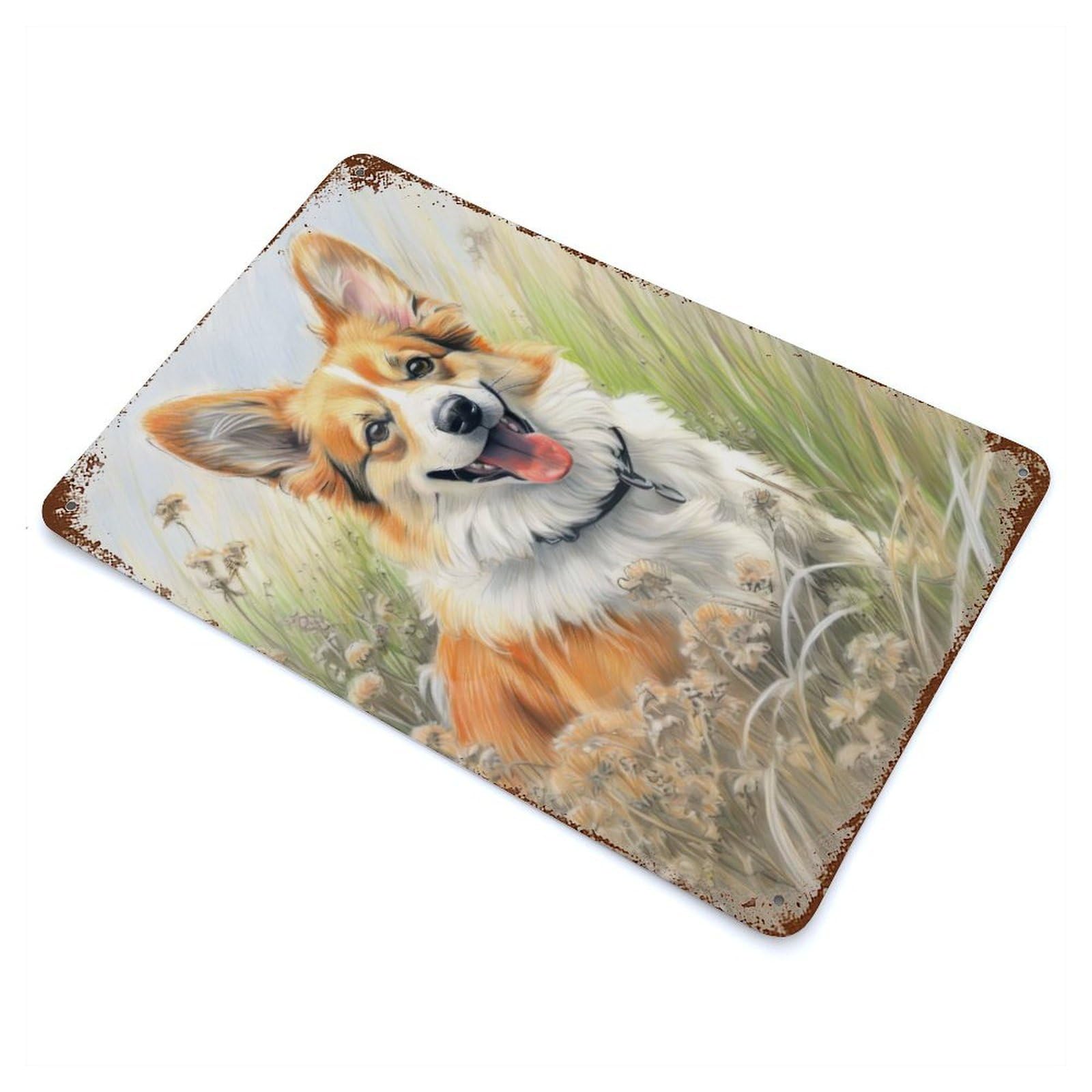 Vintage Rust Metal Sign Corgi Sketch 11.8"x7.9", Decorative Metal Wall Art for Basement, Hobby Room And Garage Decor