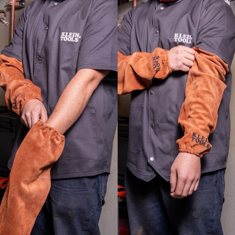 Klein Tools 60834 FR Leather Welding Sleeves, 21-Inch, Elastic Cuff, Brown, 1-Pair - Image 5