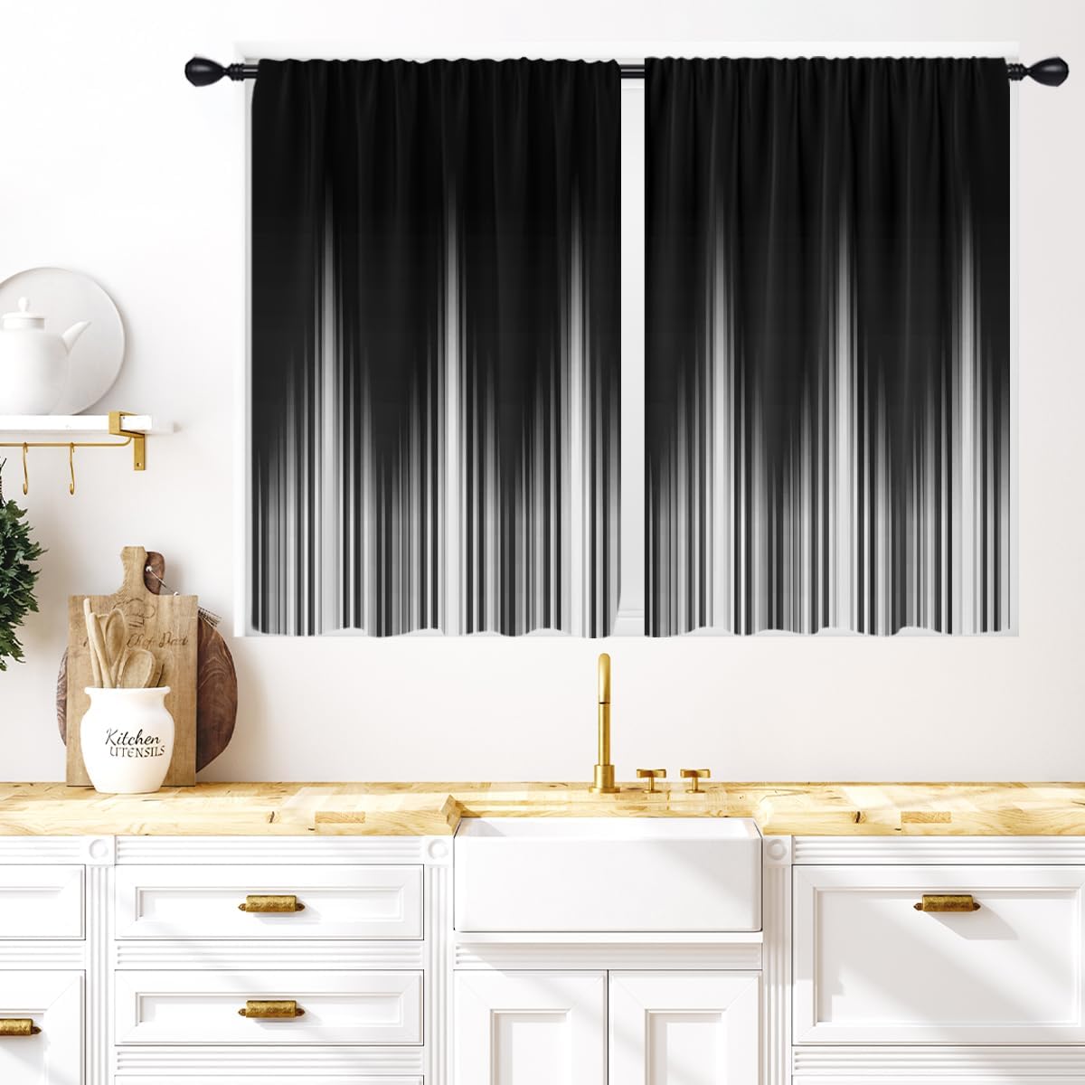 Coxila Black and White Kitchen Window Curtains 27.5 x 36 Inch Small Short Mini Cafe Rod Pocket Silver Goth Ombre Abstract for Living Bedroom Room Home Treatment Set of 2 Curtain Panels Drapes Tiers 27.5"W x 36"L (Pack of 2) Black