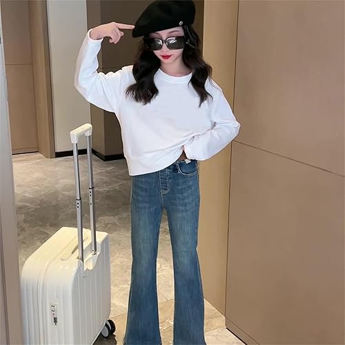 Teens Girls Loose Bell Bottoms Elastic Waist Relaxed Casual Denim Flared Trousers Distressed Trendy Streetwear Pockets(Blue,11-12 Years)