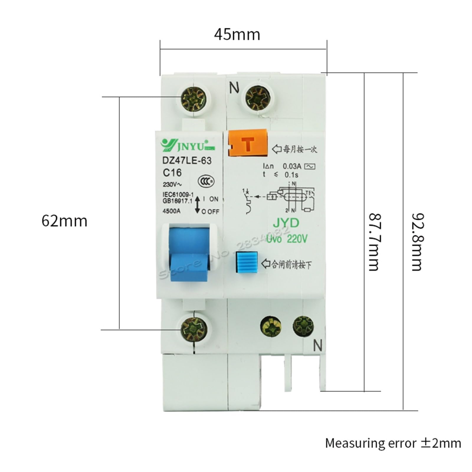 1P + N 1-biegunowy 16A 230V ~ Mini wyłącznik Ziemi ochrona nadprądowa DZ47LE-C16-1p (40A)