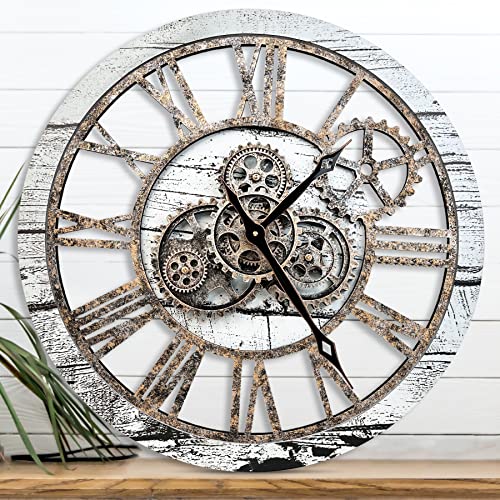 The B-Style Large Wall Clock 24 inch Moving Gear Wall Clock Oversized Vintage Farmhouse Wall Clocks for Living Room Decor Rustic Industrial Wood Clock (Gray and White)