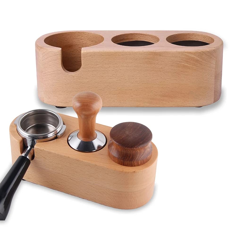 Sunlink 51/53MM Manual Wood Coffee Tamper Holder Mat Barista Coffee Espresso Tampering Latte Art Pen Tamper Holder Coffee Accessories (51/53MM Three Holes)