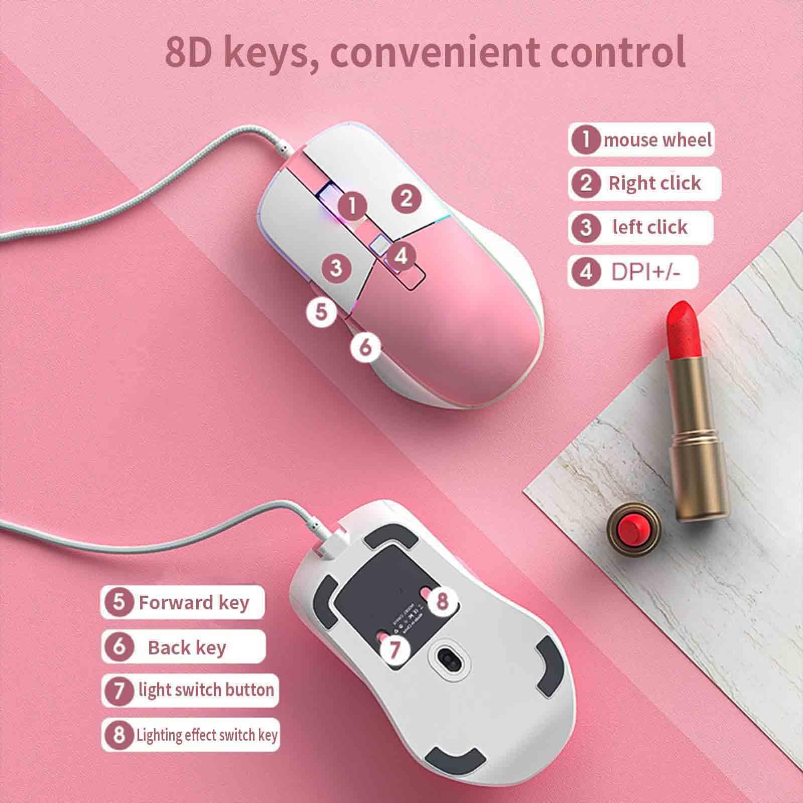 JUSHZ Mouse Cablato Usb Ergonomico Portatile Ottico Bagliore Comodo E Resistente 1200 DPI 1600 DPI 2400 DPI 3200 DPI 4800 DPI 7000 DPI (127x75x42mm,Pink)