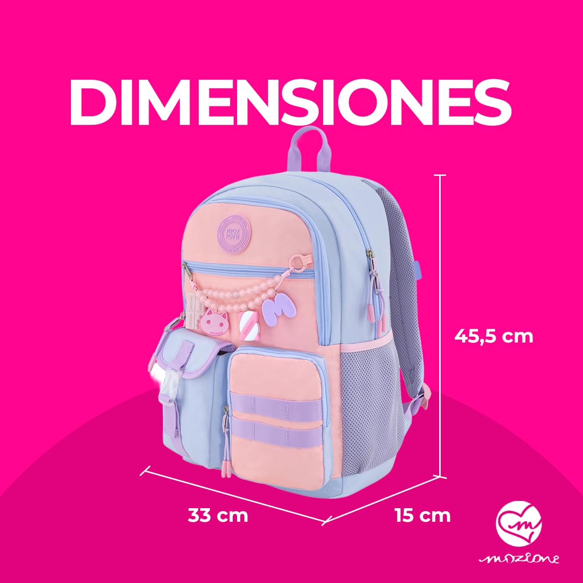 Zaino Cookie Charms, con doppio scomparto, 3 tasche anteriori, tasche laterali e organizer interno, uso versatile, viola - 23 litri di capacità
