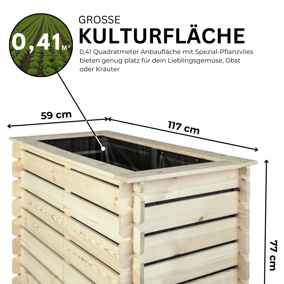 Mega Holz Hochbeet PLANTO 117x59x77 (BxTxH) aus Natürlicher Kiefer, Blumenbeet aus Holz, Wetterfest, Innen- und Außenbereich, Kräuterbeet für Garten, Balkon und Terrasse, Einfaches Stecksystem