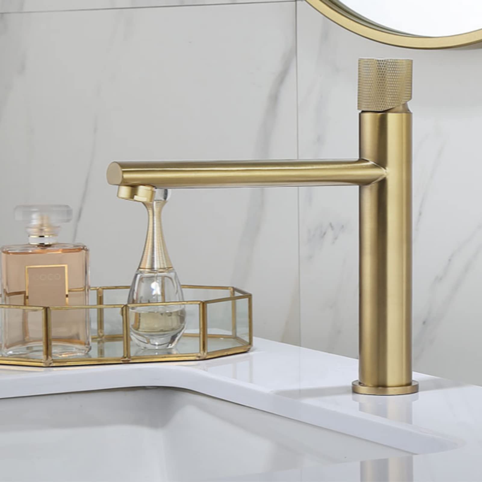 ZGRK - Grifo de lavabo alargado, grifo mezclador de lavabo dorado cepillado, grifo de baño, latón caliente y frío, grúa de agua para fregadero de inodoro (SLT165)