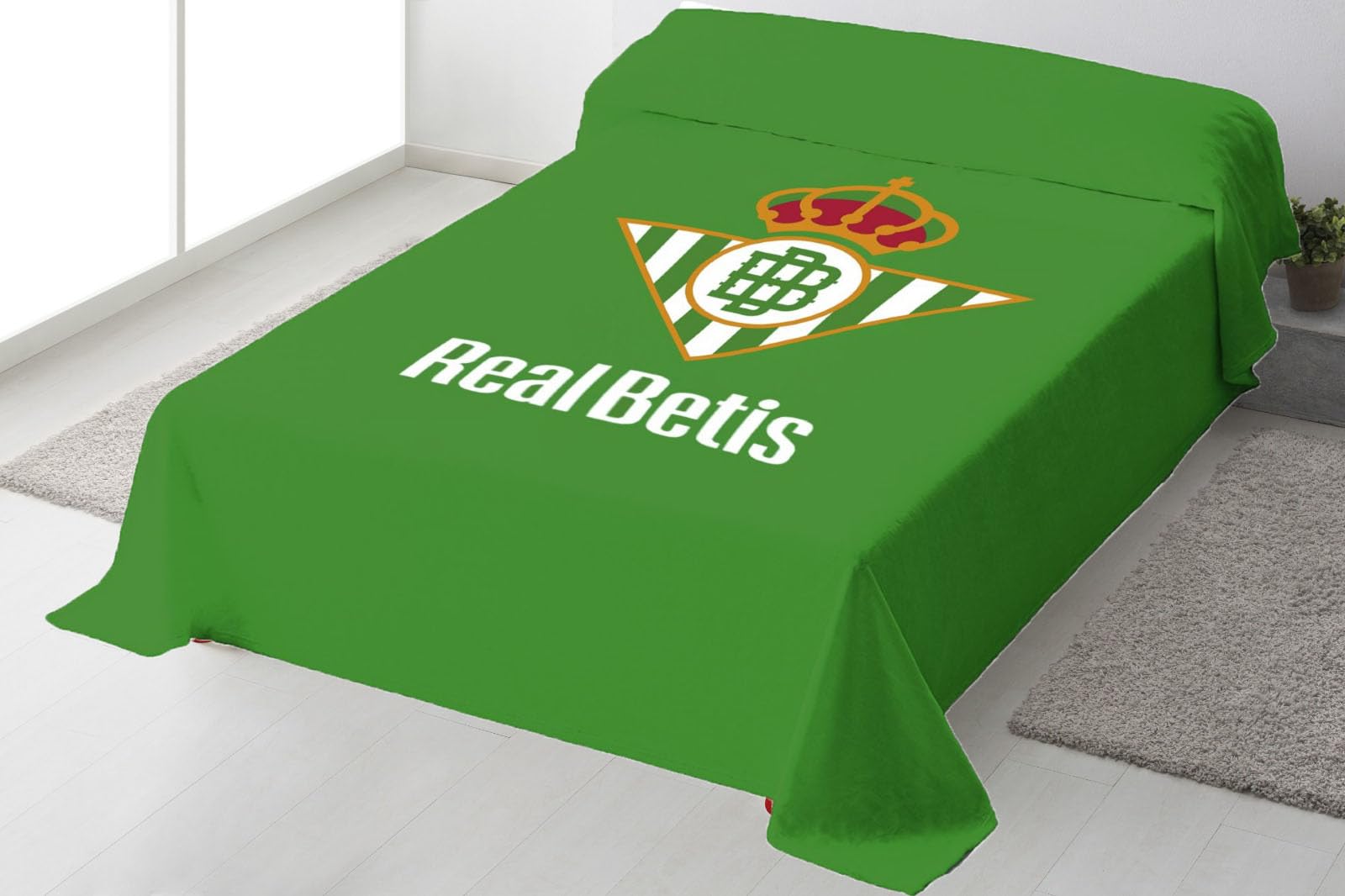 Manta Rachel Real Betis Producto Oficial: Manta de Algodón y Poliéster, Talla King, Verde, Rayas con Escudo, Duradera, Caliente, para Hogar y Exterior
