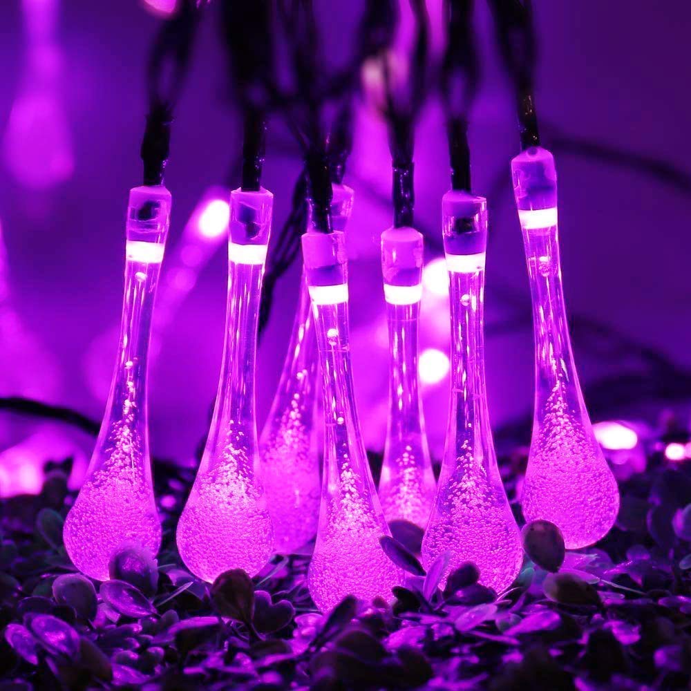 SHANJIA Outdoor Solar String Lights, 5m 20 LED Waterdrop Outdoor Fairy String Lights, 8 Lighting Modes, for Fence Yard Summer Party Wedding Decoration (Pink) — image 1