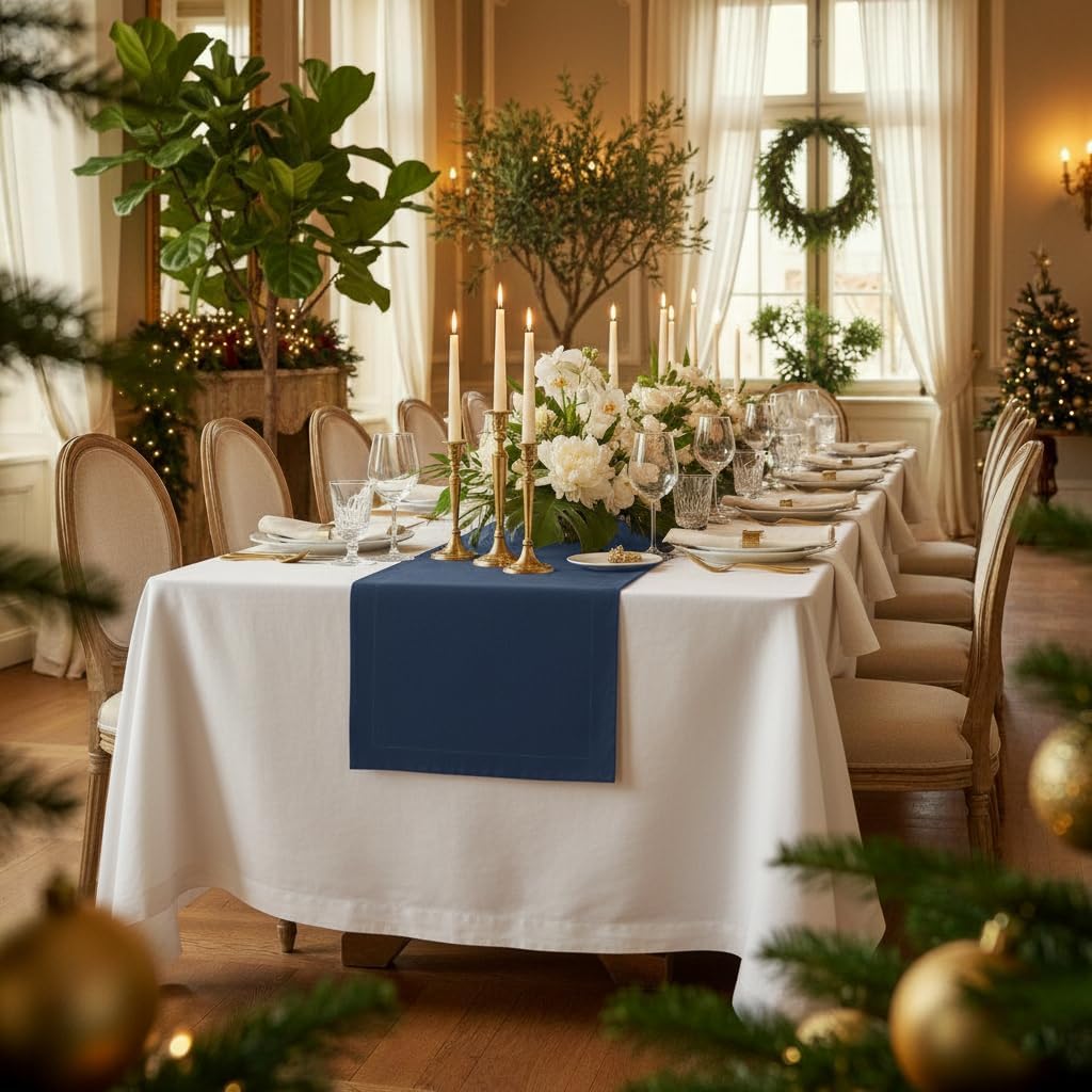 D'Moksha Homes Linen Navy Blue Table Runner 72 Inches Long - 100% Pure Linen 14 x 72 Inch Table Runner for Dining - Machine Washable