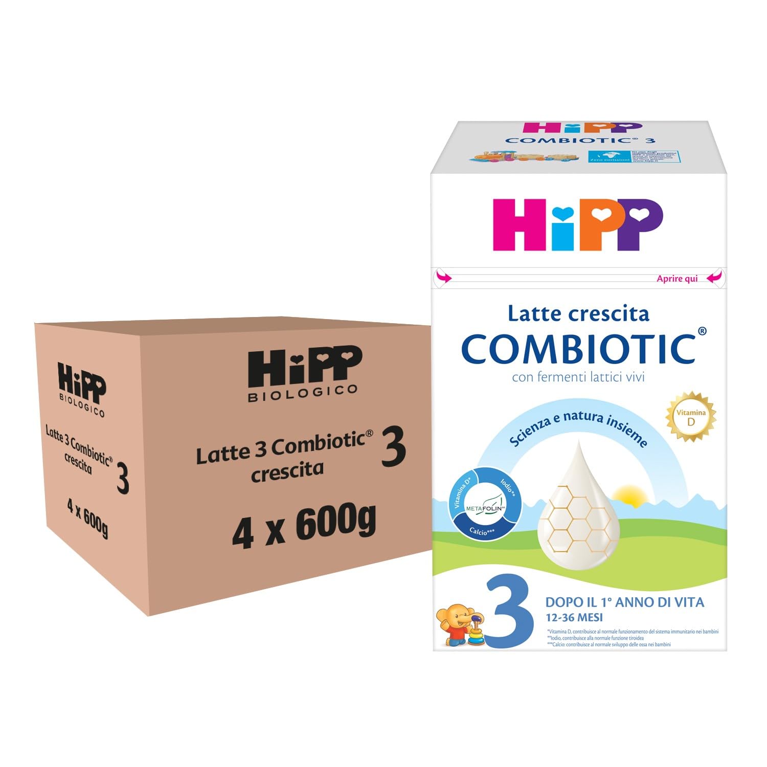 HiPP - Latte Crescita 3 HiPP Combiotic, Latte in Polvere Combiotic, Indicato per Bambini dal 1° Anno d'Età, per Neonati, 4 Confezioni da 600 gr