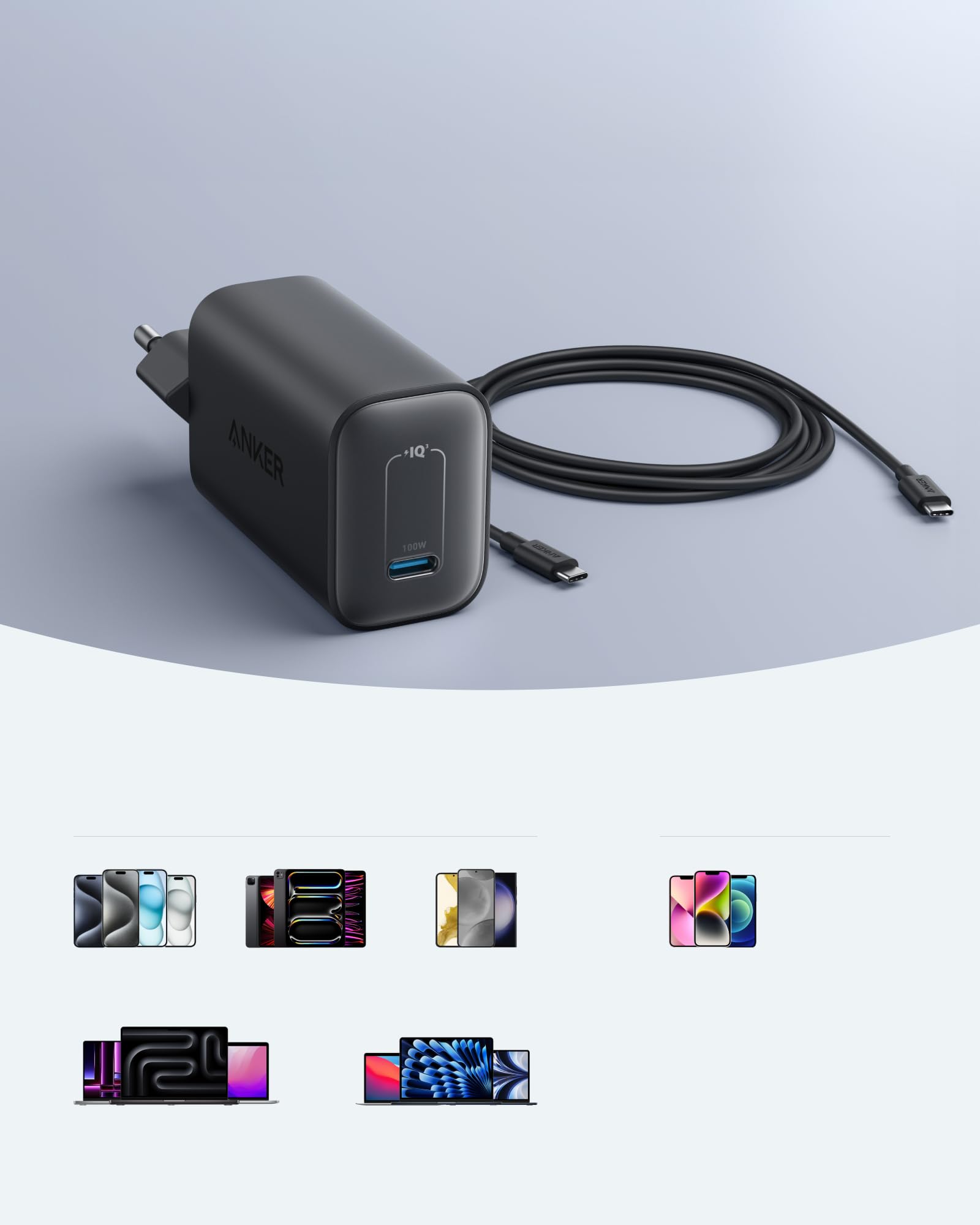 Anker Nano Ładowarka 100 W, Ładowarka 100 W do MacBooka, Zasilacz do MacBooka, iPada, iPhone’a 17/16, Galaxy oraz wszystkich urządzeń USB‑C, w zestawie kabel USB‑C 1,8 m (czarny)