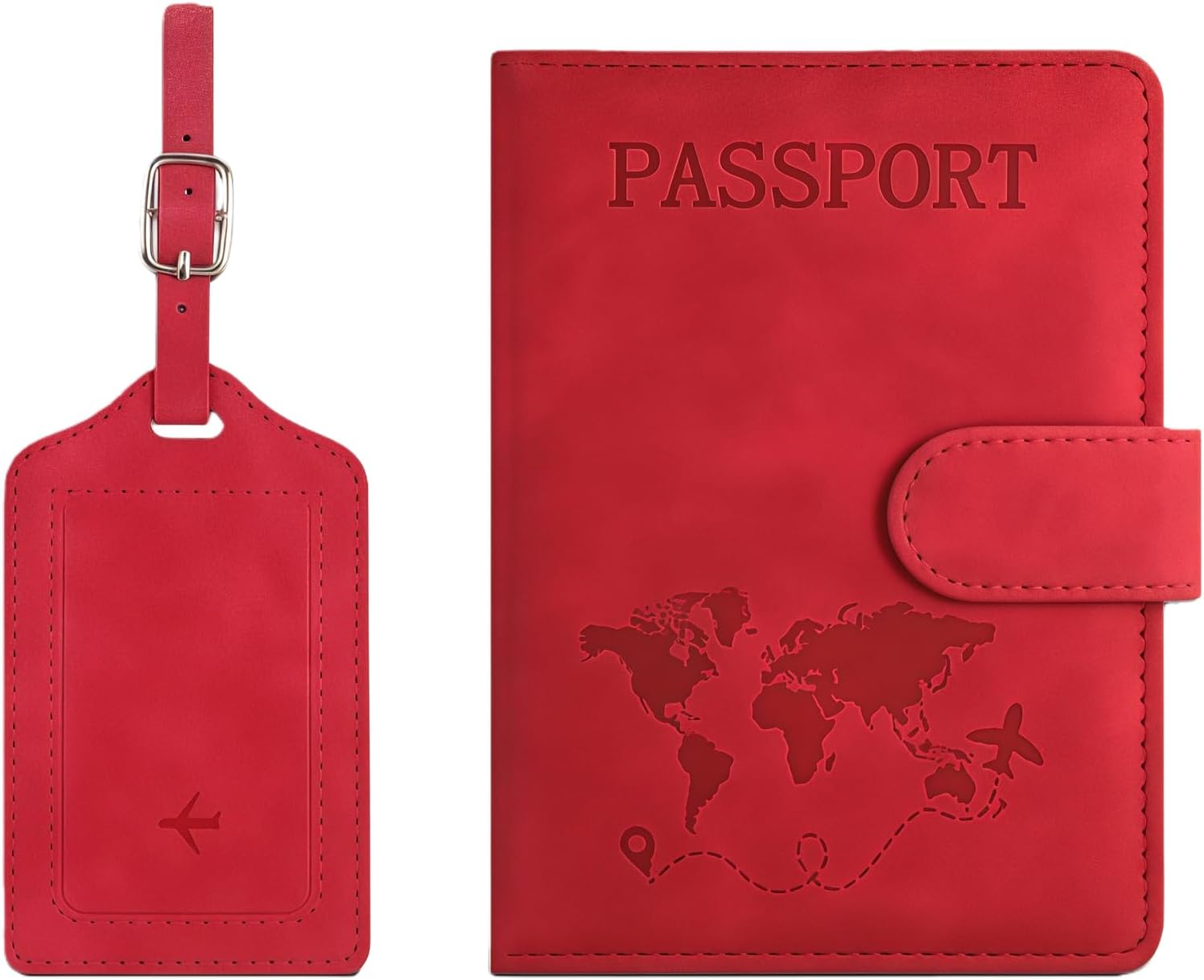 drola Passport Holder for Travel Essentials, Passport Wallet and Luggage Tag Set, Passport Book Holders for AirplaneTravel Accessories PU Leather Passport Cover for Men Women (Red)